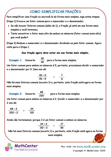 Como Simplificar Frações Páginas De Aprendizagem Math Center