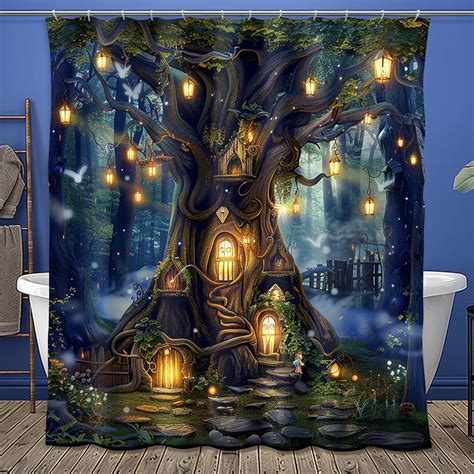 Enchanting Fairy Forest Shower Curtain With Glowing Lanterns And Tree