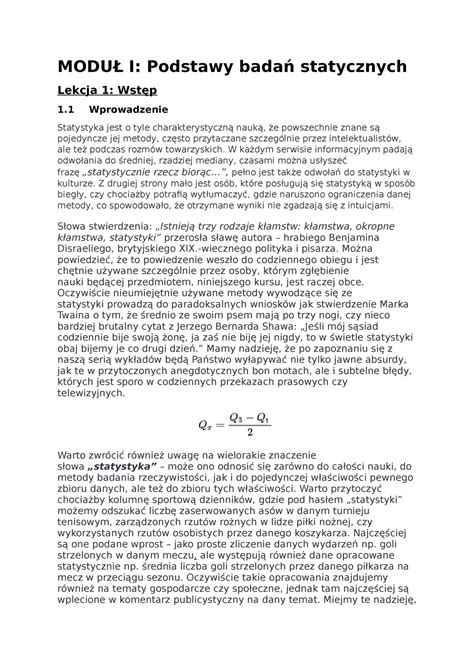 Statystyka wyklad MODUŁ I Podstawy badań statycznych Lekcja 1 Wstęp