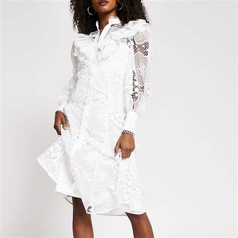 White Long Sleeve Midi Lace Shirt Dress River Island