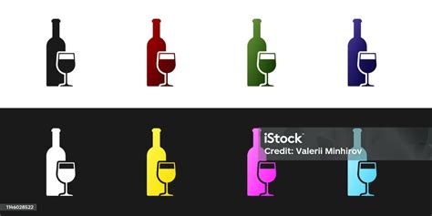 Set Wine Bottle With Wine Glass Icon Isolated On Black And White Background Vector Illustration