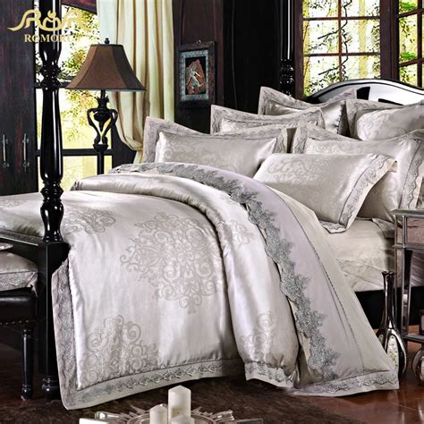 Romorus Pcs Silver Gray Satin Jacquard Silk Luxury Bedding Set