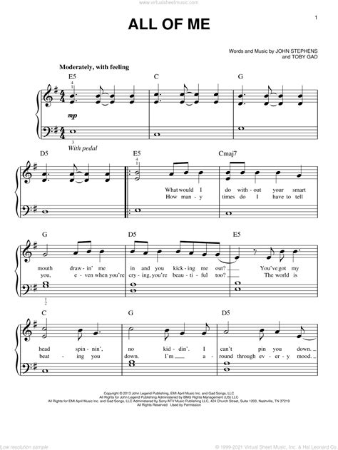 All Of Me, (beginner) sheet music for piano solo (PDF)