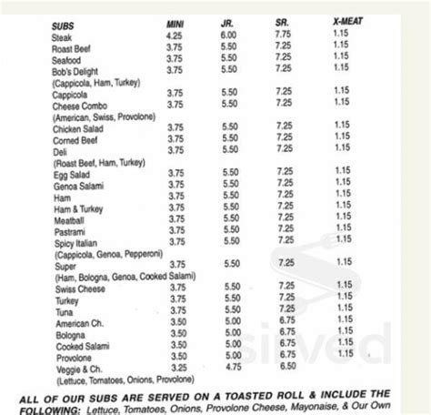 Bobs Sub And Sandwich Shop Menu In Clarion Pennsylvania Usa