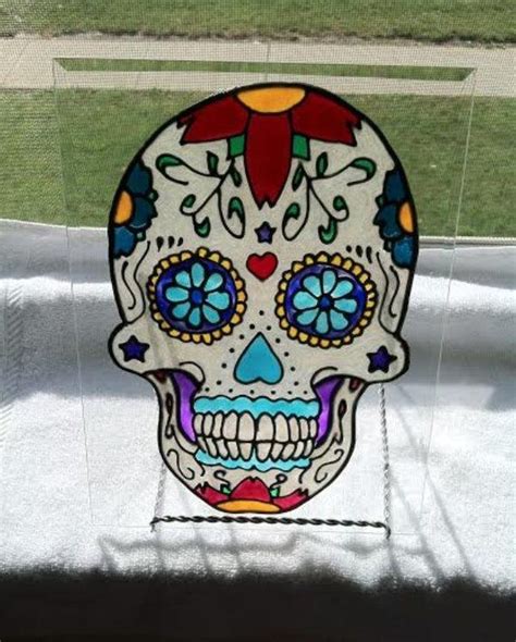 Faux Stained Glass Day Of The Dead Sugar Skull Dia De Los Muertos Hand Painted Window Art