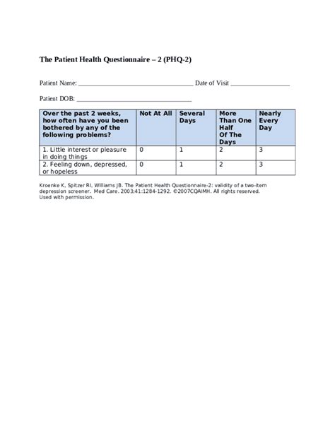 The Patient Health Questionnaire 2 Phq 2 Maitri Doc Template