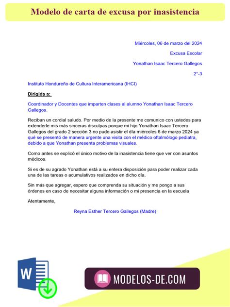 Modelo De Carta De Excusa Por Inasistencia Pdf