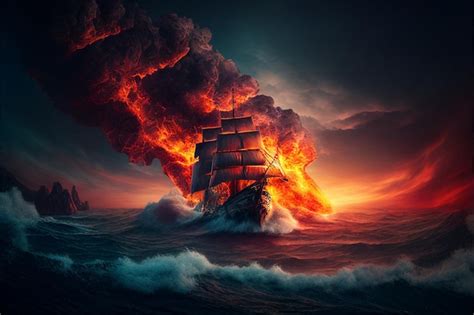 Premium Photo | An image of a ship on fire in the ocean generative ai