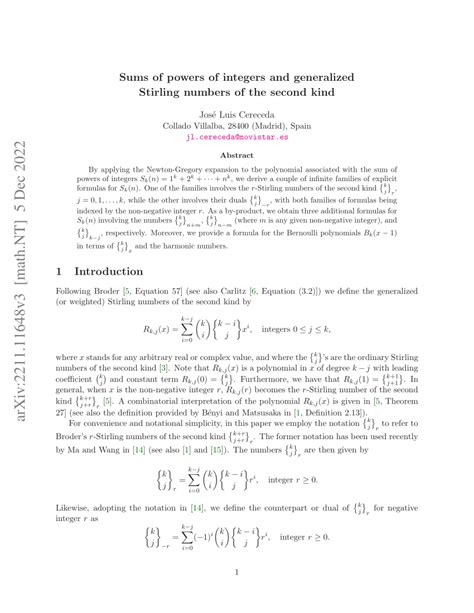 Pdf Sums Of Powers Of Integers And Generalized Stirling Numbers Of The Second Kind