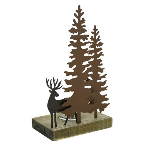 Porte bougie en métal et bois Cerf et Sapins DBO3850V Aubry Gaspard