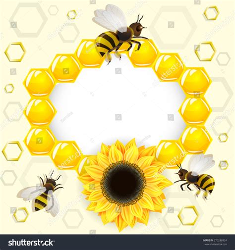 Sunflowers Bees Over Honeycombs Background Stock Vector Royalty Free