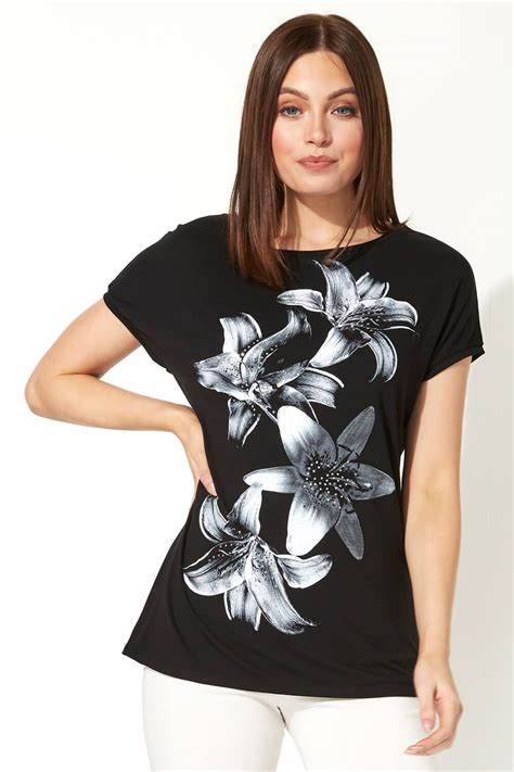 Floral Lily Print Embellished T Shirt In Black Roman Originals Uk