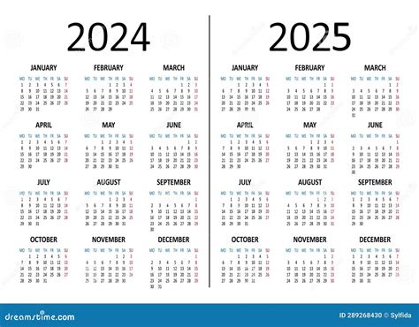 Calendar Yearly 2024 2025 Week Starts On Monday Stock Vector