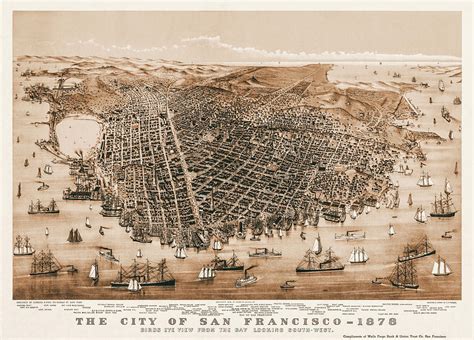 City Of San Francisco Vintage Map Birds Eye View 1878 Sepia Photograph