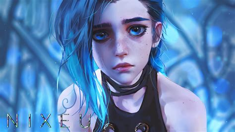 Nixeu Drawing Women League Of Legends Jinx League Of Legends Blue Hair Blue Eyes Black Clothing ...