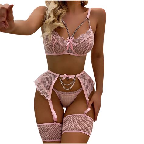 Womens Lingerie Set With Chain Naughty Mesh Underwire Bra And Panty