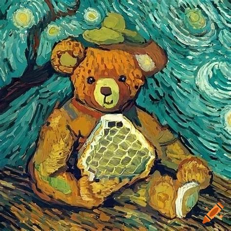 Adorable Teddy Bear With Honeycomb Next To A Tree In A Painting By