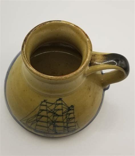 Vtg Pottery No Spill Wide Bottom Travel Mug Clipper Ship Sailing