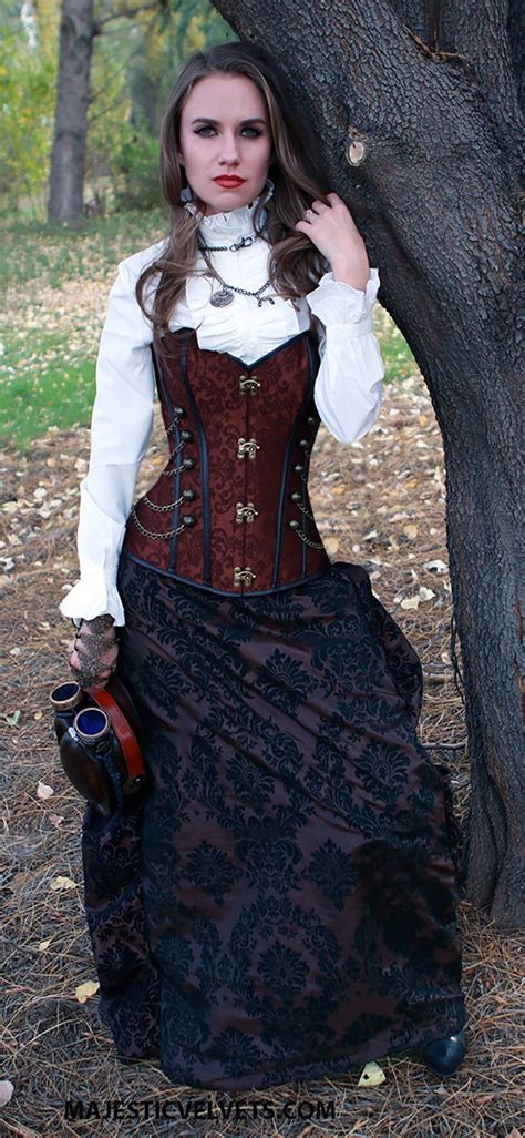 Steampunk Brown Corset W Brown Black Damask Bustle Skirt Victorian Cosplay Costume Dress Goth