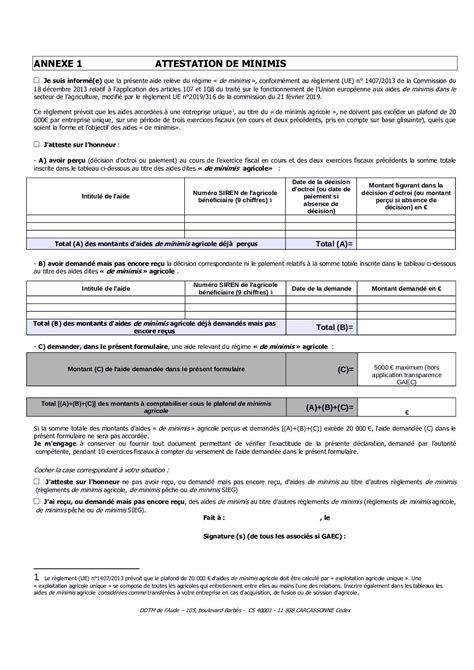 Calam O Annexe Attestation De Minimis Agricole