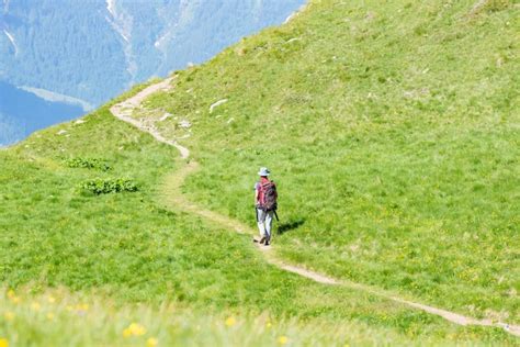 Premium Photo Rear View Of Hiker With Backpack Walking On Mountain Trail