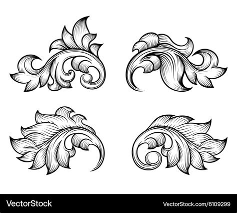 Vintage Baroque Scroll Leaf Set In Engraving Style