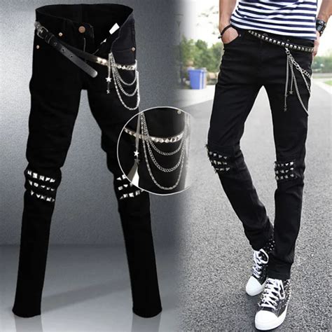 Mens Punk Hip Hop Black Jeans Lap Hip Rivet Slim Fit Biker Denim Pants