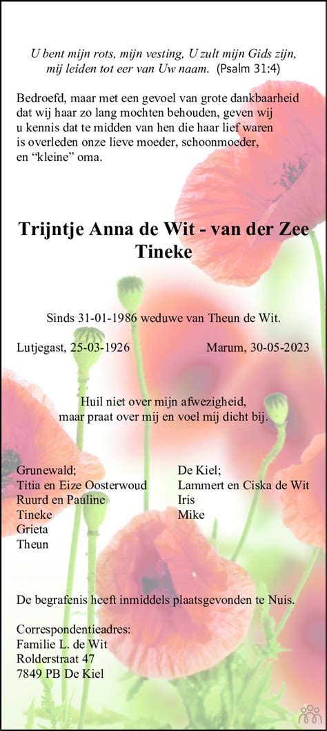 Trijntje Anna Tineke De Wit Van Der Zee 30 05 2023 Overlijdensbericht