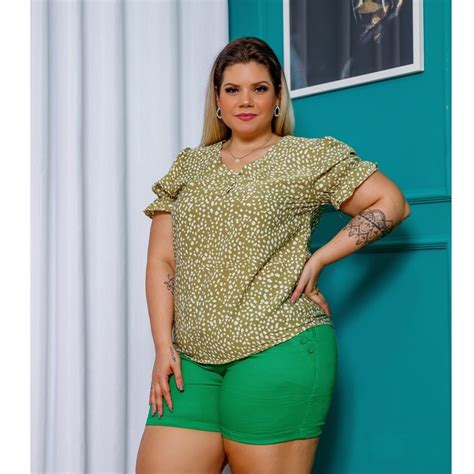 Blusa Plus Size Feminina Estampada Com Botões Manga Curta Verão 3rd