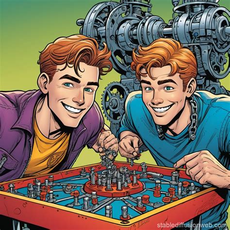 Cheerful Young Men In A Mechanical Game Stable Diffusion Online
