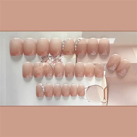 Glitter Gradient Nude French Tip Press Nails Short Square Temu