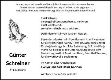 Traueranzeigen von Günter Schreiner vrm trauer de