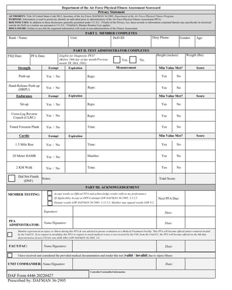 Daf Form 4446 Department Of The Air Force Physical Fitness Assessment