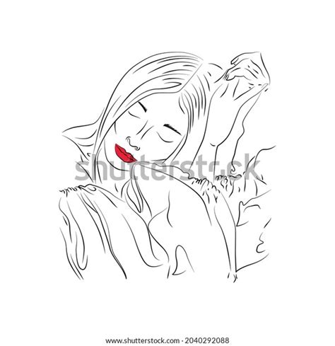 Vector Drawn Girl Red Lips Black Stock Vector Royalty Free 2040292088