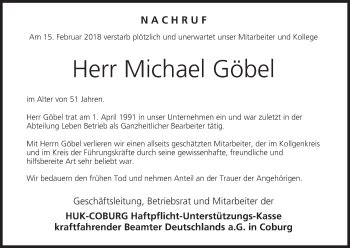 Michael Göbel Traueranzeige trauer inFranken de