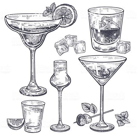 Alcoholic Drinks Set Margarita Whiskey Tequila Vodka And Vermouth Cocktail Illustration