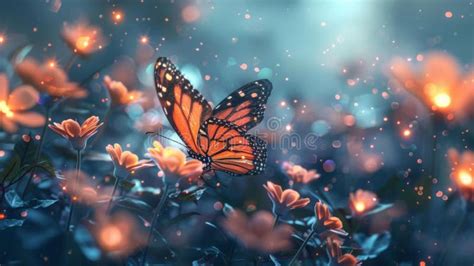 Glowing Flowers And Ai Butterfly In Futuristic Setting Stock