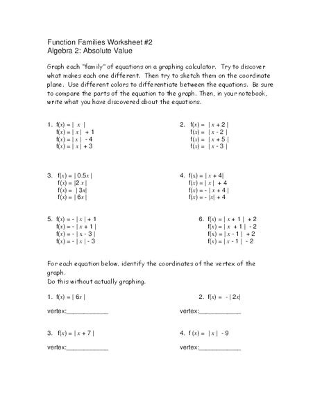 Function Families Worksheet For 8th 12th Grade Lesson Planet