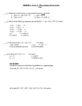 Unit Test 3 Polynomial Functions MHF4U Advanced Functions TPT