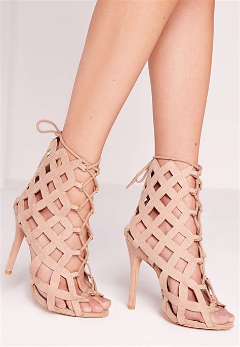 Missguided Laser Cut Lace Up Gladiator Heels Nude Heels Lace Up