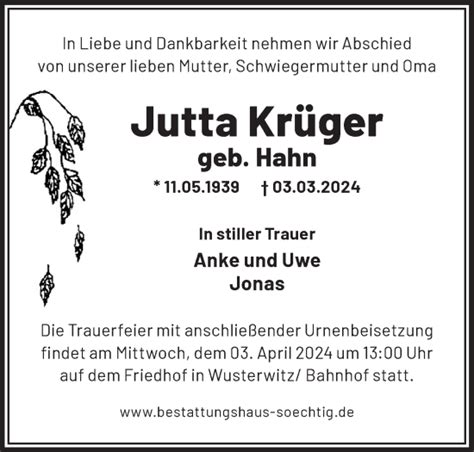 Traueranzeigen Von Jutta Kr Ger M Rkische Onlinezeitung Trauerportal