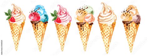 Ice Cream Cone Painted With Watercolors On White Background Waffle