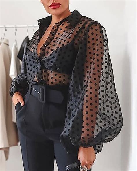 Dot Sheer Mesh Lantern Sleeve Blouse