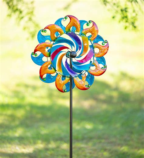 Colorful Waves Metal Wind Spinner With Glass Balls Wind And Weather