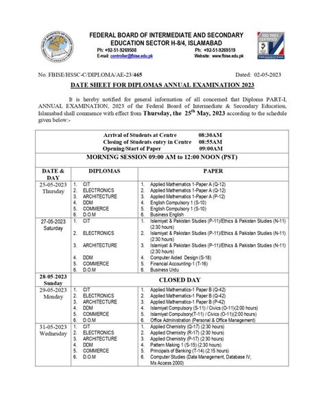 Fbise Date Sheet For Diplomas Annual Exams 2023