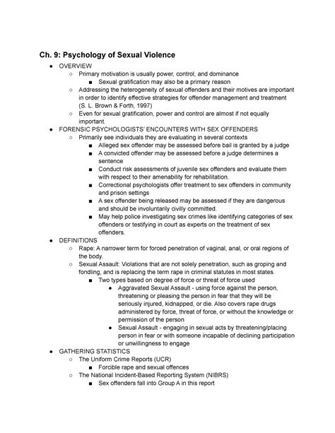 Ch 9 Chapter 9 Notes Ch 9 Psychology Of Sexual Violence Overview