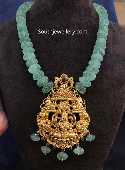 Carved Emerald Beads Necklace With Lakshmi Pendant Indian Jewellery