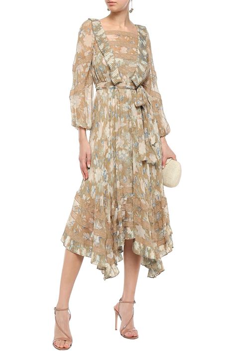 Zimmermann Asymmetric Belted Floral Print Silk Chiffon Midi Dress The