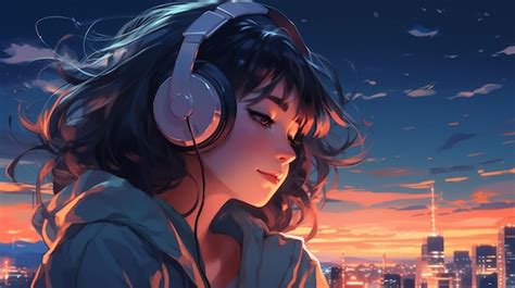 Premium Photo Anime Girl Listening To Music With Headphones In Front