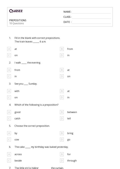 prepositions worksheets   class  quizizz
